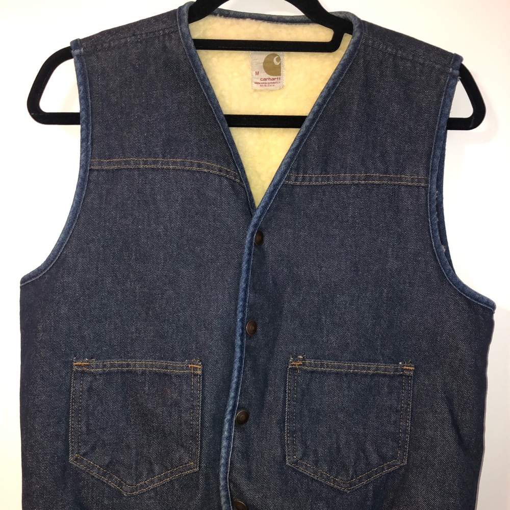 Vtg 80s Carhartt Mens M Faux Shearling Denim Vest